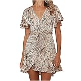 ?Kleid Damen Sommer Knielang Frauen Sommerkleid Ärmellos mit Tief V-Ausschnitt Strandkleider Irregulär Schulterfreies Midikleid Kurzarm Tunnelzug Freizeit Partykleid Festkleid Mädchen Loose T-S
