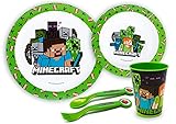 damaloo Minecraft Merch Kindergeschirrsets 5-Teilig - Wiederverwendbares Kinder Geschirr Set mit Teller, Schüssel, Tasse und Baby Besteck - Frühstücksset Plastik BPA Frei (Becher Grün 260ml)