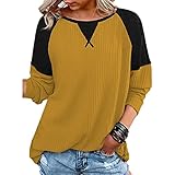 Damen Herbst Und Winter Waffel T-Shirt Rundhals Steppnähte Langarm Pullover Damen Top Gelb+L