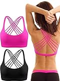 2 Packungen Damen Gepolstert Sport BH Kreuz Rücken BH Workout Riemchen BH Nahtlose Bequeme Yoga BH (S, Schwarz und Rose Rot)