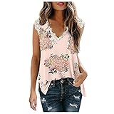 KIMODO Ärmellose Tanktops Spitzen V-Ausschnitt Damenmode Oberteile Blusentop Sommer Kurzarm Weste Casual Shirt Tops Bluse Lässige Lose T-Shirt (C-Rosa, XL)