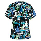 Damen Kasacks Weihnachten Pflege kostüm mit Motiv Kurzarm V-Ausschnitt T-Shirt mit Taschen Schlupfhemd Arbeitsuniform Pflegebekleidung Kasack Krankenpfleger Uniformen Schlupfbluse Damenkasack