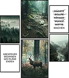 Papierschmiede® Mood-Poster Set Mystic Forest | Bilder als Wanddeko | Wohnzimmer & Schlafzimmer | 2x DIN A4 und 4x DIN A5 | Wald Fluss Hirsch Grün - ohne R