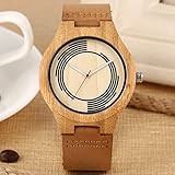 YJRIC Holzuhren Bambus Holz Uhr Herrenuhr Spiralstreifen Zifferblatt Kunst Design Quarz Mann Armbanduhr Retro Weiches Lederband Männliche Armb