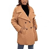 PWKNRD Damen Mantel Teddy Warm Plüschjacke Winterjacke mit Tasche Strickjacke Oberteile Winter Langarm Jacken Lässige Einfarbig Wintermantel Cardigan Lang Lose Hoodie Pullover Kapuzenjack