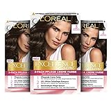 L'Oréal Paris Excellence Creme Permanente Haarfarbe, 100% Grauhaarabdeckung, Haarfärbeset mit Coloration, Shampoo und 3-fach Pflegecreme, 3 Dunkelbraun, 3 x 268 g