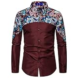 Hemd Herren Vintage Drucken Spleißen Slim Fit Hemd Herren Party Club Disco Mode Persönlichkeit Shirt Herren Knopfleiste Revers Lassig Langarm Shirt H