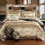 Bettwäsche 135x200 cm Gold Beige Seide Satin Bettbezug Set 2teilig Glatt Glänzend Wendebettwäsche Microfaser Zweiteilig Jacquard Blumenmuster Bettwäschegarnitur Einzelbett mit R