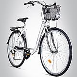 Bergsteiger Florenz 28 Zoll Damenfahrrad, ab 160 cm, Korb, Fahrrad-Licht, Shimano 7 Gang-Schaltung, Standlichtfunktion, Damen-Citybike, Damenrad im Retro-Desig