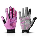 DuShow Fahrradhandschuhe für Damen, Vollfinger, rosa Blume, Touchscreen-Handschuhe, Gel-gepolstert, lange Handschuhe, Mountainbiking, Reiten, Fitnessstudio, Sport, Handschuhe, L, rosa Blume)