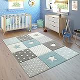 Paco Home Kinderteppich Kinderzimmer Kariert Punkte Herzen Sterne In Pastell Blau Grau, Grösse:140x200