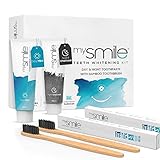 mysmile Minz- & Aktivkohle Zahnpasta mit Bambuszahnbürsten - 2x 60ml Zahnpasta für morgens & abends - 2x Zahnbürste aus Bambus - Mit Menthol & Kokosnuss Aktivkohle Zahnpasta - Ohne Peroxid & F