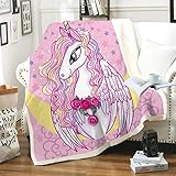 Sherpa Decke Rosa 130x150 cm Einhorn Blumen Super weiche Flanell Fleecedecke 3D Bedruckte Decke Warm Flauschig Überwurf weich bequem,hochwertige Wohndecke für Schlafzimmer Couch als Geschenk