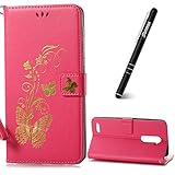 ZTE Z981 Hülle,ZTE Z981 Handyhülle,Slynmax Handyhülle Leder Wallet Tasche Flip Schutzhülle Blumen Schmetterling Silikon Case Ledertasche Brieftasche Slim Rose Rot Filp Case für ZTE ZMax Pro Z981