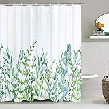 Alishomtll Duschvorhang mit 12 Haken Blätter Badevorhang Waschbar Textil Antischimmel Kinder Badewanne Digitaldruck, 175x178 cm Weiß Grü