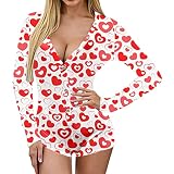 Jumpsuit, Damen, langärmlig, Nachtwäsche, Pyjama, Overall, Hose, V-Ausschnitt, sexy, modisch, Geschenk zum Valentinstag