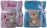 Babydecke mit Namen bestickt + Schnullerkette, Geschenk Baby Taufe Geburt (pink Eule)