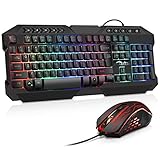 BAKTH Gaming Tastatur und Maus Set, LED Hintergrundbeleuchtung QWERTZ DE Layout, Regenbogen Farben Beleuchtete USB Wasserdicht Tastatur und Maus mit 3600 DPI für Pro PC G