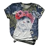 LUNULE Damen Top Mode Katze Muster T-Shirt Sommer Basic Shirt Kurzarm Rundhalsausschnitt Tee Bluse für Teenager Mädchen Loose Fit Oberteile Fitness Gym Yoga Sportshirt Frauen Casual Streetw