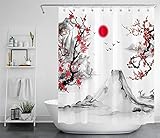 LB Japanischer Ukiyo-e Duschvorhang Antischimmel Wasserdicht Badezimmer Vorhänge Fuji Mount Red Flower Frühlingslandschaft 150x180cm Polyester Bad Vorhang mit Hak