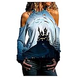 Damen Langarm Bluse Halloween Sweatshirts Casual Langarm Tops Schulterfrei Hollow Out Pullover Tops Shirt, 04-schwarz, M