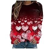 Rosennie Langarmshirt Damen Valentinstag Print Muster Langarm Tunika Tops T-Shirt Lose Langarm Rundhals Frauen Bedruckt Oberteile Shirt Casual Langarm Blumen Shirt Print Teenager Streetwear S