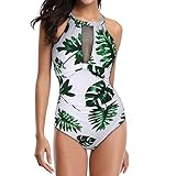 POTOU FrüHjahr 2022 Bademode Damen Einteiliger Floraler Vintage-Print Hohlmaschen Senior Neckholder Hohe Taille Falten Freiliegende Schultern Design Monokini Bademode Weiß XL