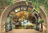 Forwall Fototapete 3D Fenster Wasserfall Wald Natur Ausblick Wohnzimmer Schlafzimmer Vlies Tapete Wandtapete UV-Beständig Hohe Auflösung Montagefertig (11553, VEL (152x104 cm) 1 Bahn)