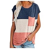 Damen T-Shirt Sommer Kurzarm Tops Shirts Casual Rundhals Blusen Lässig Lose Oberteil mit Tasche Freizeittop Beiläufig Tunika Hemdbluse Tops F