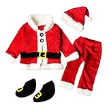 Baby Winter 4pcs Weihnachten Weihnachtsmann Outfit Kostüm Baby Winteroverall Baby Weihnachtsoutfit Hut + Mantel + Hose + Stiefelsocken (Red, 3-6 Monate)