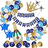 Ulikey Geburtstagsdeko Blau Deko, Geburtstag Deko Blau Gold Silber Luftballons, Party Deko Birthday Decorations, Happy Birthday Banner, Konfetti Luftballons für Geburtstag Valentinstag H