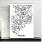 YGWDLON Berühmte Stadtplan Singapur Gedruckt Leinwand Malerei Wandkunst Bilder Schwarzweiß Poster und Drucke Wohnzimmer Wohnkultur-60x90cm Kein R