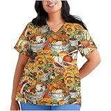 Women Oversize Scrub_Top Floral Print Short Sleeve V-Neck Working Uniform Blouse Nurse_ Workwear Medical_ Scrub_ Shirt(Khaki,XXXL)
