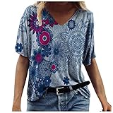 T-Shirt Damen Sommer, V-Ausschnitte Loose Oversize Kurzarm Shirt Blusen Oberteile Frauen Vintage 3D Drcuken Übergröße Casual Bluse Tops(Blau,M)
