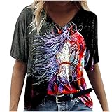 Masrin Steed Print T-Shirt Frauen Sommer Pferd Motiv Tops Tie-Dye Motiv Pullover Kurzarm V-Ausschnitt Tunika Blusen (L,Schwarz)