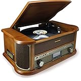 Soundmaster NR546BR Nostalgie Stereo DAB+/UKW Digitalradio mit Plattenspieler inkl Audio Technica Magnettonabnehmersystem, CD/MP3, USB, Kassette, Bluetooth und Encoding R