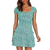 Kleider Damen Kurzarm Blumenkleid Trompetenärmel Kleid Knielang V-Ausschnitt Minikleid Freizeitkleid Elegant Damen Kleid Partykleid Casual Strandkleid Boho Midikleid Cocktailkleid A-Linie Midik