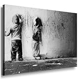 Fotoleinwand24 - Banksy Graffiti Art Kids Painting / AA0108 / Bild auf Keilrahmen/Schwarz-Weiß / 40x30