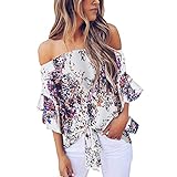 Damen Bluse Frauen Schulterfrei Oberteil Elegante Bluse Kurz Tops Langarm-Shirt Casual Trompetenärmel Blusen Lose T-Shirt Tops B