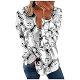 MUQG Damen Sweatshirts Elegant Frauen Halloween Print Pullover Reißverschluss Langarm Bluse Top, weiß, XXL