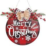 Zuoye ?Merry Christmas?-Schild zum Aufhängen an der Haustür, aus Holz, Cartoon-Buchstabe, rotes Obst, Plaid, Druck, Party, Zuhause, Wanddek