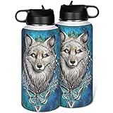 Wolf 32OZ Edelstahl Trinkflaschen Isolierflasche Doppelwandige Vakuumisolierung Thermobecher Water Bottle Sportwasserflasche Einfacher Bottle für Indoor/Outdoor/Reisen/Sport white 1000ml(32oz)