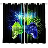 Loussiesd Game Fenstervorhang Schlafzimmer 175x140cm Gamer Spiel Zimmer Blickdicht Vorhänge Dekor Jungen Jugendliche Kinder Gaming Vorhang Blau Grün Neon Gamepad Vorhänge Dekor Set of 2