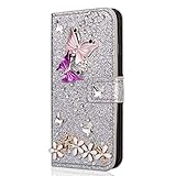 Miagon Hülle Glitzer für Samsung Galaxy A5 2017,Luxus Diamant Strass Schmetterling Blume PU Leder Handyhülle Ständer Funktion Schutzhülle Brieftasche Cover,Silb