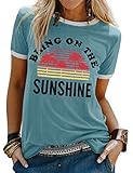 WIEIYM Tshirt Damen mit Aufdruck Bring On The Sunshine T-Shirts für Frauen Sommer Freizeit T-Shirt Brief gedruckt Tops Mädchen Bluse T-Shirt Kurzarm Vintage T-Shirt (Blau Grün, L)