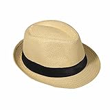 Strohhut Panama Fedora Trilby Gangster Hut Sonnenhut mit Stoffband Farbe:-Beige (Strohhut) Gr:-58