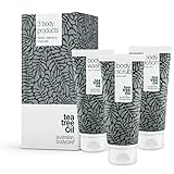 Australian Bodycare Set gegen Pickel auf dem Rücken | Teebaumöl Körperpeeling, Duschgel & Bodylotion bei unreiner Haut & gegen Pickel am Po | Auch gegen Juckreiz am ganzen Körper | 100% Veg