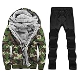 BUZHIDAO Herren Winter Fleecejacke Hoodie + Lang Hosen Outfit Sets Vintage Bedruckte Fleece-Innenseite Sportanzug Kapuzenpullover mit Reißverschluss Winter Fleecejacke S