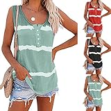 Damen Sommer Tank Tops V-Ausschnitt/Rundhals Ärmellos Tshirt mit Knopfleiste Lose Trägershirt Oberteile Gestreift Sommerweste Blusen Lässig Breite Träger Tanks Pullover Locker C
