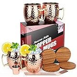 Eligara Moscow Mule Becher 4er Set (Hölzernes Untersetzern) 100% Handgefertigte Lebensmittelechte Kupferbecher, 16 oz Geschenkset mit 1 Schnapsglas 4 Strohhalmen und 4 U